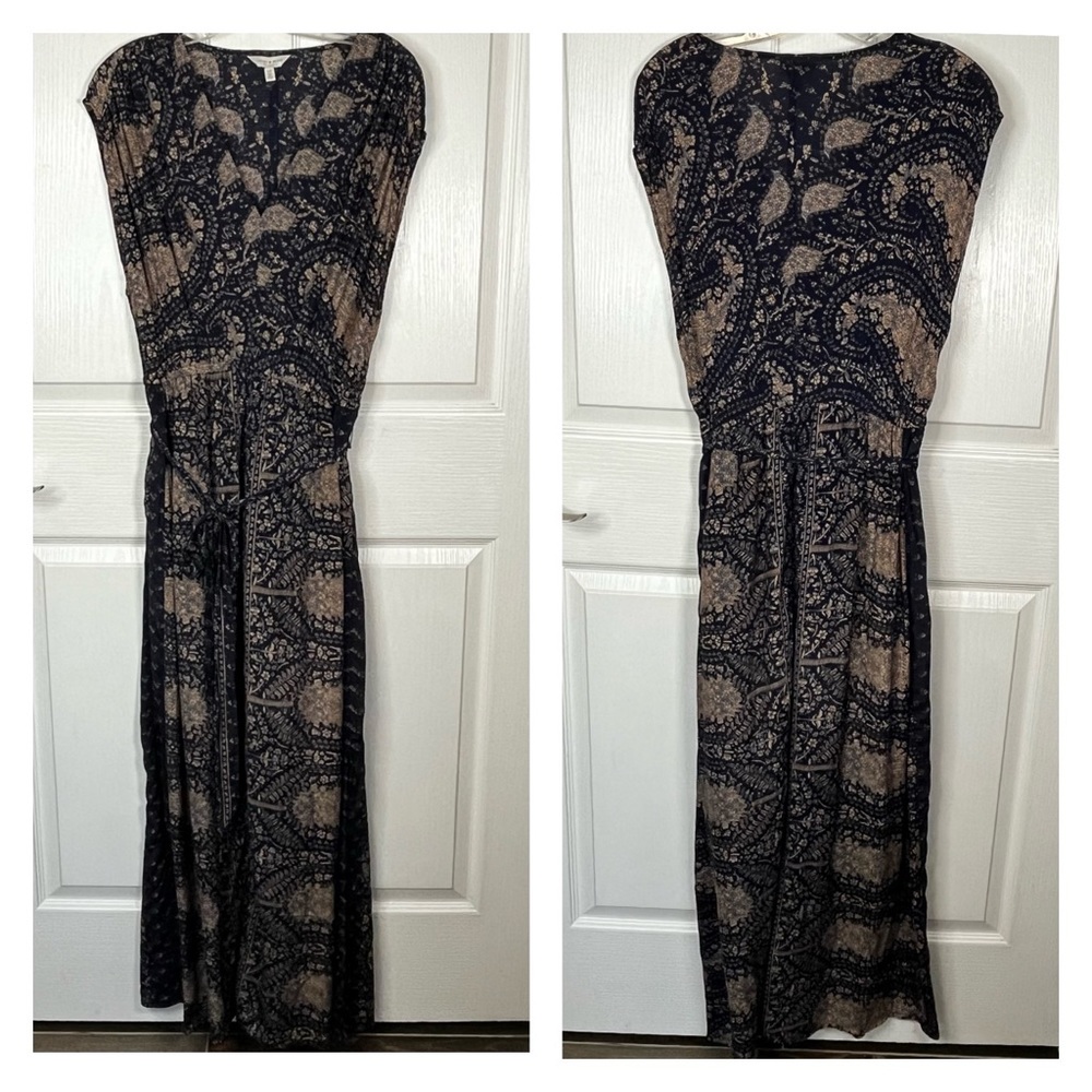 Lucky Brand Blue & Tan Boho Maxi Dress Side Slits Cap Sleeves Sz S Belted